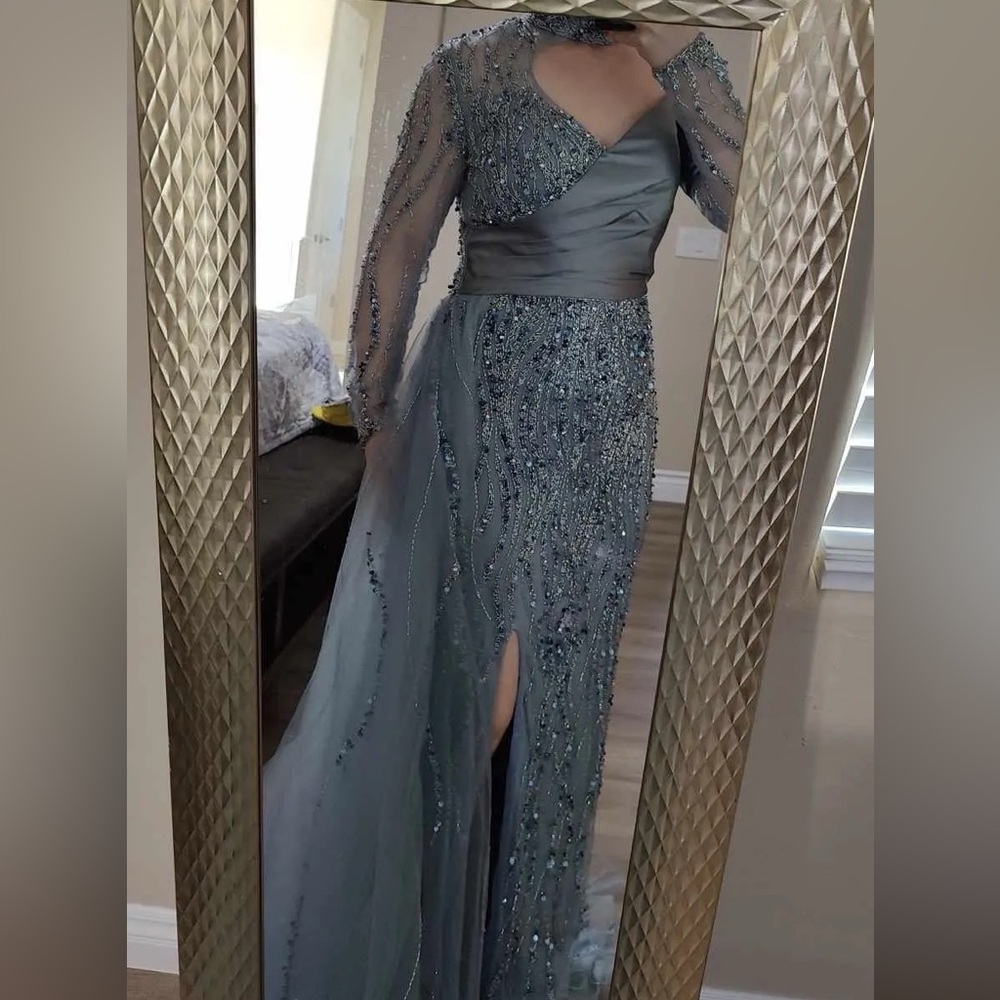 Sexy High Split Beaded Blue Evening Dresses for Women Wedding Party, prom.